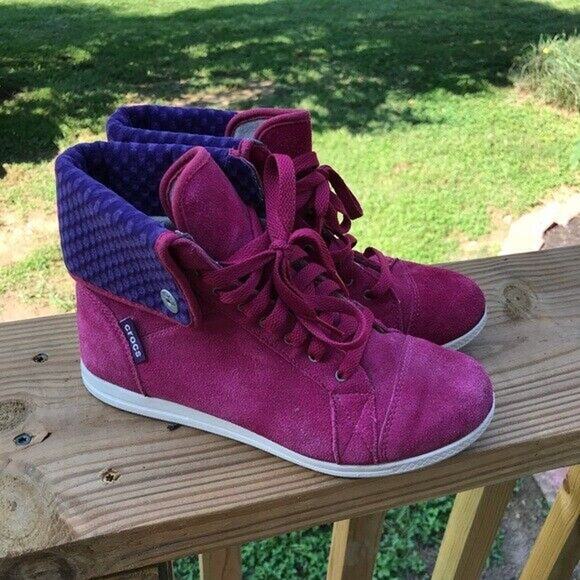 Crocs Pink Suede Fold Over High Top Sneakers Womens Size 6 - Picture 1 of 8